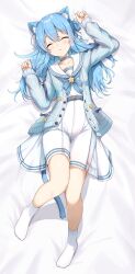 Rule 34 | 1girl, absurdres, animal ear fluff, animal ears, aoto mei, bed sheet, belt, blue cardigan, blue choker, blue hair, blush, cardigan, cat ears, cat tail, choker, closed eyes, closed mouth, commission, full body, hair bun, highres, hololive, hoshimachi suisei, hoshimachi suisei (school uniform), knees together feet apart, knees up, long hair, long sleeves, no shoes, on bed, open cardigan, open clothes, sailor collar, school uniform, serafuku, shirt, simple background, single side bun, skeb commission, skirt, socks, solo, tail, virtual youtuber, white background, white sailor collar, white shirt, white skirt, white socks