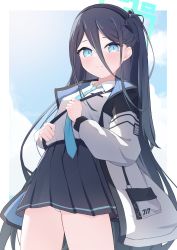 Rule 34 | 1girl, absurdres, aris (blue archive), bad id, bad pixiv id, black hair, black hairband, black skirt, blue archive, blue necktie, blush, breasts, cloud, cloudy sky, collared shirt, cowboy shot, hair between eyes, hairband, halo, highres, holding strap, jacket, long hair, long hair between eyes, looking at viewer, multicolored clothes, multicolored jacket, necktie, nonddu, one side up, panties, pantyshot, ringed eyes, shirt, skirt, sky, small breasts, solo, thighs, tie clip, underwear, very long hair, white panties, white shirt