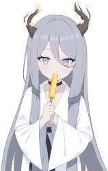 1girl absurdres black_choker choker clenched_hand collarbone commentary counter:side curled_horns dot_nose dress flower food food_in_mouth grey_eyes grey_hair hair_between_eyes highres holding holding_food holding_popsicle horn_flower horns long_hair long_sleeves looking_at_viewer own_hands_together popsicle popsicle_in_mouth shepherd_(counter:side) sidelocks simple_background solo tree_horns very_long_hair white_background white_dress wide_sleeves yiheyulei