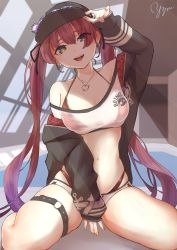 Rule 34 | 1girl, :d, absurdres, bare shoulders, baseball cap, bikini, bikini under clothes, black hat, black jacket, breasts, cleavage, commentary request, crop top, hair between eyes, hat, heart, heart necklace, heterochromia, highres, hololive, houshou marine, houshou marine (summer), indoors, jacket, jewelry, long hair, long sleeves, looking at viewer, medium breasts, micro shorts, midriff, nail polish, navel, necklace, o-ring, o-ring thigh strap, off-shoulder shirt, off shoulder, open clothes, open jacket, open mouth, orange nails, pool, red bikini, red eyes, red hair, rei no pool, see-through, see-through cleavage, shirt, shorts, sitting, smile, solo, stomach, swimsuit, thigh strap, thighs, twintails, very long hair, virtual youtuber, wariza, white shirt, white shorts, yadzumi, yellow eyes