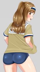 Rule 34 | 10s, 1girl, ass, back, breasts, brown eyes, guutikutoyokawa, hairband, hands in pockets, highres, i-26 (kancolle), jacket, kantai collection, light brown hair, long hair, looking at viewer, looking back, new school swimsuit, one-piece swimsuit, open mouth, sailor collar, school swimsuit, short sleeves, solo, swimsuit, swimsuit under clothes, two-tone hairband, two side up