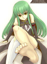 Rule 34 | 00s, 1girl, asymmetrical clothes, bad id, bad pixiv id, barefoot, boots, c.c., code geass, feet, gradient background, kannagi kaname, shoes, single shoe, single thighhigh, soles, solo, thigh boots, thighhighs, toe scrunch, toes