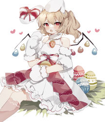 Rule 34 | 1girl, :o, alternate costume, animal ears, animal hands, bare shoulders, blush, bow, carrot necklace, detached sleeves, dress, dress bow, easter, easter egg, egg, fang, feet out of frame, flandre scarlet, fur-trimmed gloves, fur collar, fur trim, furrowed brow, gloves, hair between eyes, highres, jewelry, looking at viewer, necklace, open mouth, paw gloves, rabbit ears, red bow, side ponytail, simple background, single sock, sitting, socks, solo, sorani (kaeru0768), touhou, wavy hair, white background, white dress, white sleeves, wings