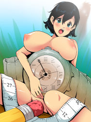 Rule 34 | 1girl, black hair, blue eyes, breasts, jitensha, large breasts, mini person, minigirl, nipples, nude, open mouth, oversized object, pencil, short hair, solo, tape measure, watch