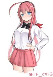 Rule 34 | 1girl, ahoge, alternate costume, blue eyes, blush, breasts, collared shirt, hair flaps, hair ribbon, hairband, kantai collection, kawakaze (kancolle), long hair, long sleeves, looking at viewer, low twintails, open mouth, red hair, red skirt, ribbon, shirt, skirt, small breasts, smile, tf cafe, twintails, twitter username, very long hair, white background, white shirt