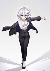 Rule 34 | 1girl, ahoge, belt, black pants, commentary request, dressing, formal, full body, grey eyes, grey hair, gundam, gundam suisei no majo, heebee, looking at viewer, miorine rembran, pant suit, pants, serious, shirt, solo, straight-on, suit, swept bangs, white shirt