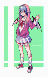 Rule 34 | 1girl, alternate costume, bat wings, blue hair, blush, casual, character name, chromatic aberration, closed mouth, commentary, contemporary, fangs, full body, hair between eyes, hand up, highres, hood, hooded jacket, jacket, kiliko-san, long sleeves, looking at viewer, neckerchief, partially unzipped, pink jacket, pointy ears, red eyes, red footwear, red neckerchief, remilia scarlet, sailor collar, shirt, shoes, short hair, skirt, smile, socks, solo, standing, touhou, white sailor collar, white shirt, white skirt, white socks, wings, zipper, zipper pull tab
