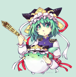 Rule 34 | 1girl, :3, asymmetrical hair, balance scale, black headwear, commentary, commission, cropped torso, english commentary, epaulettes, frilled hat, frills, green background, green eyes, green hair, hat, holding, juliet sleeves, long sleeves, looking at viewer, open mouth, puffy sleeves, qixzy, rod of remorse, shiki eiki, signature, simple background, sukusuku hakutaku, touhou, weighing scale