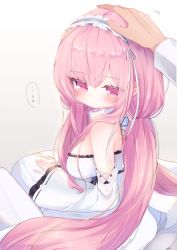 Rule 34 | 1boy, 1girl, azur lane, bare shoulders, blue hairband, blush, breasts, closed mouth, commander (azur lane), commentary request, detached sleeves, dress, frilled hairband, frills, gradient background, grey background, hair between eyes, hairband, hand on another&#039;s head, headpat, highres, kokone (coconeeeco), large breasts, long hair, long sleeves, looking at viewer, looking back, out of frame, perseus (azur lane), pink hair, purple eyes, signature, sitting, sleeves past wrists, solo focus, translation request, very long hair, white background, white dress, white sleeves, wide sleeves