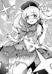 Rule 34 | 1girl, blush, bow, garter straps, gloves, granblue fantasy, greyscale, highres, kztk, long hair, looking at viewer, magical girl, monika weisswind, monochrome, solo, sweat, thighhighs, twintails, wavy hair