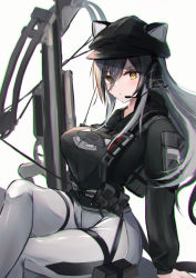 Rule 34 | 1girl, absurdres, animal ears, arknights, belt, black hair, black sleeves, bow (weapon), breasts, cat ears, cat girl, closed mouth, commentary, cowboy shot, crossbow, crossed legs, ears through headwear, expressionless, eyes visible through hair, grey hair, hair between eyes, hair over shoulder, headset, highres, leggings, long bangs, long hair, long sleeves, looking at viewer, pouch, schwarz (arknights), schwarz (skyline) (arknights), simple background, sitting, solo, sore watasino, thick thighs, thigh strap, thighs, weapon, white background, white leggings, yellow eyes