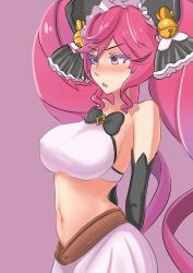 Rule 34 |  deuce, bell, blush, breasts, cleo (dragalia lost), dragalia lost, frills, hair ornament, highres, multicolored hair, pink background, pink hair, stomach, sweatdrop