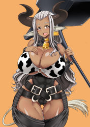 Rule 34 | 1girl, :d, absurdres, animal ears, animal print, asterio, belt, bikini, bikini top only, breasts, brown eyes, chaps, cleavage, cow ears, cow print, cowbell, cowboy shot, dark-skinned female, dark skin, earrings, eyebrows, highres, holding, holding weapon, horns, jewelry, large breasts, leotard, long hair, looking at viewer, o-ring, o-ring top, open mouth, orange background, over shoulder, simple background, smile, solo, swimsuit, tail, toned, virusotaku, weapon, weapon over shoulder, white hair
