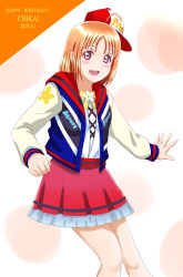 Rule 34 | 1girl, 2019, absurdres, ahoge, artist name, artist request, backwards hat, baseball cap, cardigan, collarbone, cowboy shot, female focus, floral print, hat, highres, hood, hood down, hooded cardigan, layered skirt, long sleeves, looking at viewer, love live!, love live! school idol festival, love live! sunshine!!, miniskirt, open cardigan, open clothes, orange hair, pleated skirt, red eyes, red hat, red skirt, short hair, skirt, smile, solo, standing, takami chika, white background