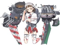 Rule 34 | 10s, 1girl, adjusting eyewear, breasts, brown hair, capelet, detached sleeves, eyewear strap, full body, glasses, hat, jiji (aardvark), kantai collection, looking at viewer, machinery, necktie, official art, pince-nez, red skirt, roma (kancolle), skirt, solo, striped clothes, striped thighhighs, thighhighs, torn clothes, torn skirt, transparent background, white thighhighs