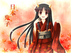 Rule 34 | 1girl, black hair, blush, brown eyes, character name, cowboy shot, hanazome dotera, hand on own face, hinomoto oniko, horns, japanese clothes, kimono, leaf, long hair, looking at viewer, maple leaf, meme, oni, oni horns, open mouth, original, sidelocks, solo, teeth, tongue