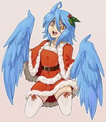 Rule 34 | 1girl, ahoge, belt, black belt, blue feathers, blue hair, blue wings, brown eyes, capelet, commentary, dress, ekkonus, english commentary, feathered wings, feathers, fur-trimmed capelet, fur-trimmed dress, fur trim, grey background, hair between eyes, harpy, long hair, monster girl, monster musume no iru nichijou, open mouth, papi (monster musume), red capelet, red dress, red skirt, santa dress, sidelocks, simple background, skirt, solo, teeth, thighhighs, upper teeth only, white thighhighs, winged arms, wings, zettai ryouiki