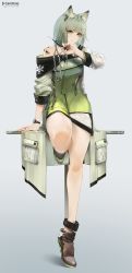 Rule 34 | 1girl, absurdres, animal ear fluff, animal ears, arknights, arm support, bare legs, bare shoulders, black footwear, breasts, cat ears, commentary, dress, green dress, green eyes, green hair, grey background, high heels, highres, holding, holding syringe, kal&#039;tsit (arknights), long sleeves, looking at viewer, lufi ays, material growth, medium breasts, off shoulder, oripathy lesion (arknights), pencil dress, short dress, short hair, simple background, sitting, solo, syringe, thighs, watch, wristwatch