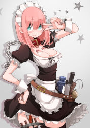Rule 34 | 1girl, apron, belt, blue eyes, blush, breasts, chain, cleavage, collar, detached sleeves, dildo, dynamite, explosive, frilled skirt, frills, highres, knife, large breasts, maid, maid apron, maid headdress, original, pink hair, sex toy, skirt, solo, star (symbol), takagi (tansuke), tansuke, thigh strap, thighhighs, v, waist apron, wrist cuffs