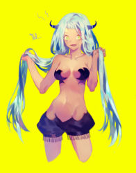 Rule 34 | 1girl, aqua hair, bad id, bad tumblr id, breasts, cropped legs, fang, forehead, hands up, long hair, looking at viewer, medium breasts, open mouth, original, puffy shorts, revealing clothes, shorts, simple background, smile, solo, twintails, yamakawa, yellow background, yellow eyes
