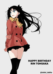 Rule 34 | 1girl, bad id, bad pixiv id, black hair, black thighhighs, character name, coat, fate/stay night, fate (series), floating hair, fringe trim, grey background, happy birthday, highres, long hair, looking to the side, miniskirt, mittens, pleated skirt, scarf, simple background, skirt, solo, standing, tabata hisayuki, thighhighs, thighs, tohsaka rin, twitter username, two side up, yellow scarf