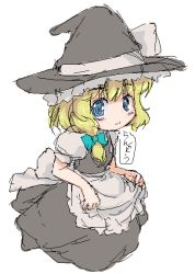 Rule 34 | 1girl, alternate eye color, apron, black dress, blonde hair, blue eyes, bow, dress, female focus, hair bow, hat, hat bow, kirisame marisa, looking at viewer, puffy short sleeves, puffy sleeves, randou, short hair, short sleeves, simple background, solo, touhou, waist apron, wavy mouth, white background, witch hat