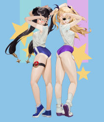 Rule 34 | 2girls, absurdres, alternate costume, armpits, arms up, ass, bare arms, black hair, blonde hair, blue background, blue buruma, blue footwear, blush, breasts, buruma, embarrassed, eyepatch, fischl (genshin impact), floating hair, from side, full body, genshin impact, green eyes, hair ornament, highres, legs, long hair, looking at viewer, medium breasts, midfinger, mole, mole on armpit, mona (genshin impact), multiple girls, purple buruma, ribbon, shirt, shoes, short sleeves, simple background, smile, socks, star (symbol), star hair ornament, tachi-e, thigh strap, thighs, twintails, two side up, v, very long hair, white footwear, white shirt, white socks