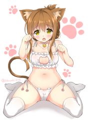 Rule 34 | 10s, 1girl, animal ears, bell, blush, brown hair, cat cutout, cat ears, cat lingerie, cat tail, choker, cleavage cutout, clothing cutout, highres, inazuma (kancolle), jingle bell, kantai collection, kemonomimi mode, looking at viewer, meme attire, navel, neck bell, no shoes, panties, paw pose, side-tie panties, sitting, solo, tail, takoyaki (takoyaki-batake), thighhighs, twitter username, underwear, wariza, white background, white panties, white thighhighs, yellow eyes