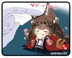Rule 34 | 1girl, :3, ^ ^, amagi-chan (azur lane), animal ears, azur lane, baozi, bell, black pantyhose, blunt bangs, blush, brown hair, closed eyes, commander (azur lane), commentary request, eating, eyeshadow, food, fox ears, fox girl, fox tail, gloves, hair between eyes, hair ornament, hair ribbon, headpat, holding, holding food, japanese clothes, kitsune, kyuubi, long hair, long sleeves, looking at viewer, makeup, mini person, minigirl, multiple tails, out of frame, pantyhose, ribbon, rope, shimenawa, sidelocks, signature, simple background, sitting, size difference, solo, steam, tail, taisa (kari), thick eyebrows, translation request, twintails, twitter username, wariza, white gloves, wide sleeves