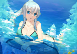 Rule 34 | 1girl, :o, aqua bikini, barefoot, bikini, blue eyes, blue sky, breasts, cleavage, cloud, cloudy sky, day, fish, highres, holding, holding swim ring, innertube, large breasts, long hair, looking at viewer, o-ring, o-ring bikini, ocean, open mouth, original, outdoors, partially submerged, partially underwater shot, ponytail, raitho, side-tie bikini bottom, silver hair, sky, solo, string bikini, swim ring, swimming, swimsuit, underwater, wet, wet hair