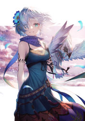 Rule 34 | 1girl, absurdres, arms behind back, bad id, bad pixiv id, bare arms, bird, blue dress, blue eyes, breasts, cloud, commentary request, dress, earrings, eyes visible through hair, flower, grin, hair flower, hair ornament, hair over one eye, hand on own chest, highres, jewelry, looking at viewer, medium breasts, original, outdoors, ribbon, scarf, sho (sumika), short hair, silver hair, sky, sleeveless, sleeveless dress, smile, solo