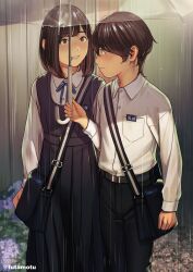 1boy 1girl absurdres artist_name bag belt black_bag black_belt black_dress black_eyes black_pants blue_ribbon blush breast_pocket brown_hair closed_mouth collared_shirt dress eye_contact feet_out_of_frame flower futamotu grin hetero highres holding holding_umbrella long_sleeves looking_at_another medium_hair neck_ribbon original outdoors paid_reward_available pants pinafore_dress pocket protected_link purple_flower rain ribbon satonaka_megumi_(futamotu) school_uniform shared_umbrella shirt short_hair shoulder_bag sleeveless sleeveless_dress smile standing transparent transparent_umbrella umbrella white_shirt