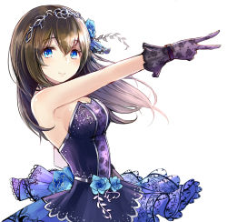 Rule 34 | 10s, 1girl, absurdres, armpits, bare shoulders, black dress, black gloves, black hair, blue eyes, blush, breasts, closed mouth, commentary, dress, eyebrows, flower, gloves, hair between eyes, hair flower, hair ornament, henshin, highres, idolmaster, idolmaster cinderella girls, idolmaster cinderella girls starlight stage, long hair, looking at viewer, medium breasts, minato (shouno), sagisawa fumika, sideboob, simple background, sketch, smile, solo, tiara, upper body, v, white background