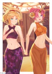 Rule 34 | 2girls, absurdres, bare shoulders, blonde hair, dress, emaxart, fate/apocrypha, fate/grand order, fate (series), frankenstein&#039;s monster, frankenstein&#039;s monster (fate), green eyes, highres, holding hands, huge filesize, midriff, mordred (fate), mordred (fate/apocrypha), multiple girls, party