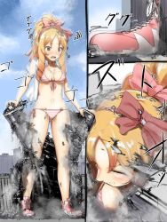 Rule 34 | 1girl, bikini, blonde hair, boots, breasts, building, destruction, drill hair, eromanga sensei, flustered, from above, giant, giantess, growth, highres, medium breasts, navel, no socks, open clothes, open shirt, pointy ears, rakia (ds00309), ribbon, road, shoes, side-tie bikini bottom, size difference, sneakers, street, striped bikini, striped clothes, swimsuit, yamada elf