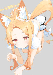 Rule 34 | 1girl, absurdres, all fours, animal ear fluff, animal ears, blue archive, bow, claw pose, closed mouth, cropped shirt, dolphin shorts, fox ears, grey background, hair bun, halo, highres, light blush, long hair, looking at viewer, parted bangs, seia (blue archive), shirt, short sleeves, shorts, sidelocks, skirt, solo, sweat, syhan, tail, tail bow, tail ornament, white shirt, white skirt, yellow eyes