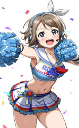 Rule 34 | 1girl, absurdres, blue eyes, brown hair, cheerleader, highres, looking at viewer, love live!, love live! sunshine!!, medium hair, mitsuju you, open mouth, smile, solo, standing, watanabe you