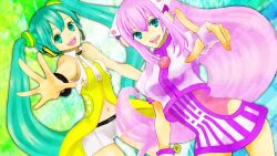 Rule 34 | 1girl, 2girls, aqua hair, blackashes, blue eyes, commentary request, fingerless gloves, gloves, hand on own hip, hand up, headphones, long hair, luka luka night fever (vocaloid), megurine luka, multiple girls, open mouth, painting (medium), photoshop (medium), pink hair, project diva (series), project diva 2nd, project diva extend, puffy short sleeves, puffy sleeves, samfree (&quot;night&quot; songs), short sleeves, smile, solo, swept bangs, traditional media, vocaloid, watercolor (medium), white gloves, yellow (vocaloid)