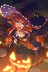 Rule 34 | 1girl, asymmetrical horns, black cat, blue eyes, blush, breasts, cat, curled horns, dragon girl, dragon horns, dragon tail, dress, echo (circa), elizabeth bathory (fate), elizabeth bathory (halloween caster) (fate), fate/grand order, fate (series), halloween, hat, horns, jack-o&#039;-lantern, long hair, looking at viewer, open mouth, pink hair, pointy ears, small breasts, solo, striped clothes, striped dress, tail, uneven horns, vertical-striped clothes, vertical-striped dress, witch hat