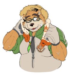 Rule 34 | 1boy, bara, bear boy, belly, blush, brown fur, cowboy shot, cropped torso, dated, fangs, fangs out, furry, furry male, glasses, gloves, green-framed eyewear, hat, highres, jacket, jewelry, male focus, one eye closed, open mouth, pendant, sanpaku, smile, solo, straw hat, sweat, tareme, thick eyebrows, tokyo houkago summoners, track jacket, unfinished, volos (housamo), yazoe