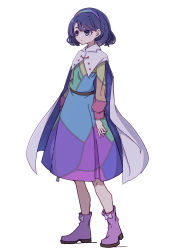 Rule 34 | 1girl, absurdres, blue eyes, blue hair, boots, cloak, closed mouth, dress, full body, hairband, highres, kame (kamepan44231), long sleeves, multicolored clothes, multicolored dress, multicolored hairband, patchwork clothes, pink footwear, rainbow gradient, short hair, simple background, solo, tenkyuu chimata, touhou, white background, white cloak
