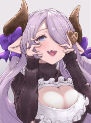 Rule 34 | 1girl, :3, apron, blue eyes, blush, bow, braid, breasts, cleavage, cleavage cutout, clothing cutout, draph, fang, granblue fantasy, hair ornament, hair over one eye, heart, heart-shaped pupils, highres, horns, large breasts, light purple hair, low tied hair, narmaya (granblue fantasy), narmaya (valentine) (granblue fantasy), open mouth, pointy ears, purple bow, purple hair, shortstack, single braid, sweater, symbol-shaped pupils, teriton, turtleneck, turtleneck sweater, yandere trance
