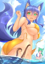 Rule 34 | 2girls, @ @, ^^^, animal ear fluff, animal ears, ass, ball, beach, beachball, bikini, blank stare, blue hair, blush, breasts, clenched hand, cloud, cowboy shot, day, embarrassed, fox ears, fox girl, fox tail, from behind, fuyubare kiyo, green bikini, green hair, hair between eyes, harukaze sui, highres, kyu (wein-seria), large breasts, long hair, looking at another, looking back, multiple girls, navel, octopus, open mouth, original, outdoors, partially submerged, signature, swimsuit, tail, tentacles, thighs, untied bikini, water, wavy mouth, wet, yellow bikini
