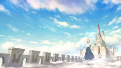 Rule 34 | 1girl, absurdres, arms behind back, blonde hair, blue eyes, blue skirt, blue sky, bridge, castle, closed mouth, cloud, cloudy sky, commentary request, day, fog, graphite (medium), highres, long hair, long skirt, long sleeves, looking at viewer, mary janes, mitsuki (yu hsiang yi), outdoors, railing, scenery, shoes, skirt, sky, smile, socks, solo, tower, traditional media, white socks