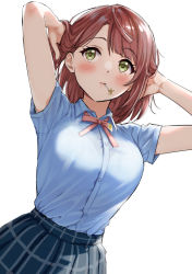 Rule 34 | 10s, 1girl, arms up, blue shirt, blue skirt, blush, breasts, closed mouth, collared shirt, commentary request, cowboy shot, dutch angle, green eyes, highres, large breasts, love live!, love live! nijigasaki high school idol club, mouth hold, nijigasaki academy school uniform, plaid, plaid skirt, red hair, red neckwear, red ribbon, ribbon, sankuro (agoitei), school uniform, shirt, short hair, short sleeves, simple background, skirt, solo, standing, tying hair, uehara ayumu, white background