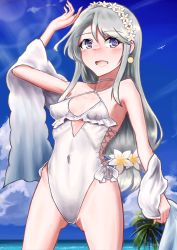 Rule 34 | 1girl, asymmetrical bangs, blue sky, casual one-piece swimsuit, cloud, commentary request, cowboy shot, day, flower, frilled one-piece swimsuit, frilled swimsuit, frills, grey hair, hair flower, hair ornament, hairband, highleg, highleg swimsuit, highres, horizon, kantai collection, long hair, ocean, official alternate costume, one-piece swimsuit, outdoors, owada (kousonhuchi), palm tree, purple eyes, sagiri (kancolle), shawl, side-tie swimsuit, sky, smile, solo, standing, swept bangs, swimsuit, tree, white one-piece swimsuit, white shawl