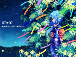 Rule 34 | 1girl, blue eyes, blue hair, blue kimono, clenched hand, dated, fireflies, flower, hair ornament, japanese clothes, kimono, looking at viewer, low twintails, matching hair/eyes, pixiv fantasia, pixiv fantasia 3, plant, rugo, sky, solo, star (sky), starry sky, tanabata, tanzaku, twintails, wind, wing ears, yukata
