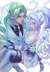 Rule 34 | 1boy, 1girl, aqua cape, aqua eyes, aqua hair, bare shoulders, black gloves, black shirt, breasts, cape, carrying, carrying person, closed mouth, collared shirt, crystal rose swain, crystal rose zyra, dress, eyeshadow, flower, gloves, highres, imone illust, jacket, league of legends, long hair, looking at viewer, makeup, medium breasts, necktie, official alternate costume, pants, purple eyes, purple hair, rose, shirt, swain (league of legends), thighhighs, white dress, white flower, white gloves, white jacket, white pants, white rose, zyra