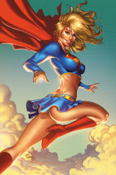 Rule 34 | 1girl, ass, blonde hair, blue eyes, blue panties, boots, breasts, cape, cloud, covered erect nipples, dc comics, female focus, flying, grin, impossible clothes, impossible shirt, long hair, looking at viewer, midriff, mike debalfo, nei ruffino, panties, red cape, red skirt, shirt, skirt, sky, smile, solo, supergirl, thong, underwear, upskirt