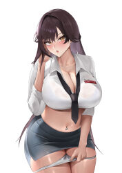 Rule 34 | 1girl, :o, absurdres, black necktie, black skirt, blush, bra visible through clothes, breasts, brown eyes, brown hair, collared shirt, commentary, cowboy shot, crop top, cropped shirt, goddess of victory: nikke, hair between eyes, hand up, highres, large breasts, long hair, looking at viewer, loose necktie, marciana (nikke), marciana (school days) (nikke), midriff, miniskirt, name tag, navel, navel piercing, necktie, official alternate costume, open mouth, panties, panty pull, pencil skirt, piercing, ryuvie, see-through clothes, see-through shirt, shirt, sidelocks, simple background, skirt, sleeves rolled up, solo, standing, teeth, underwear, upper teeth only, white background, white panties, white shirt